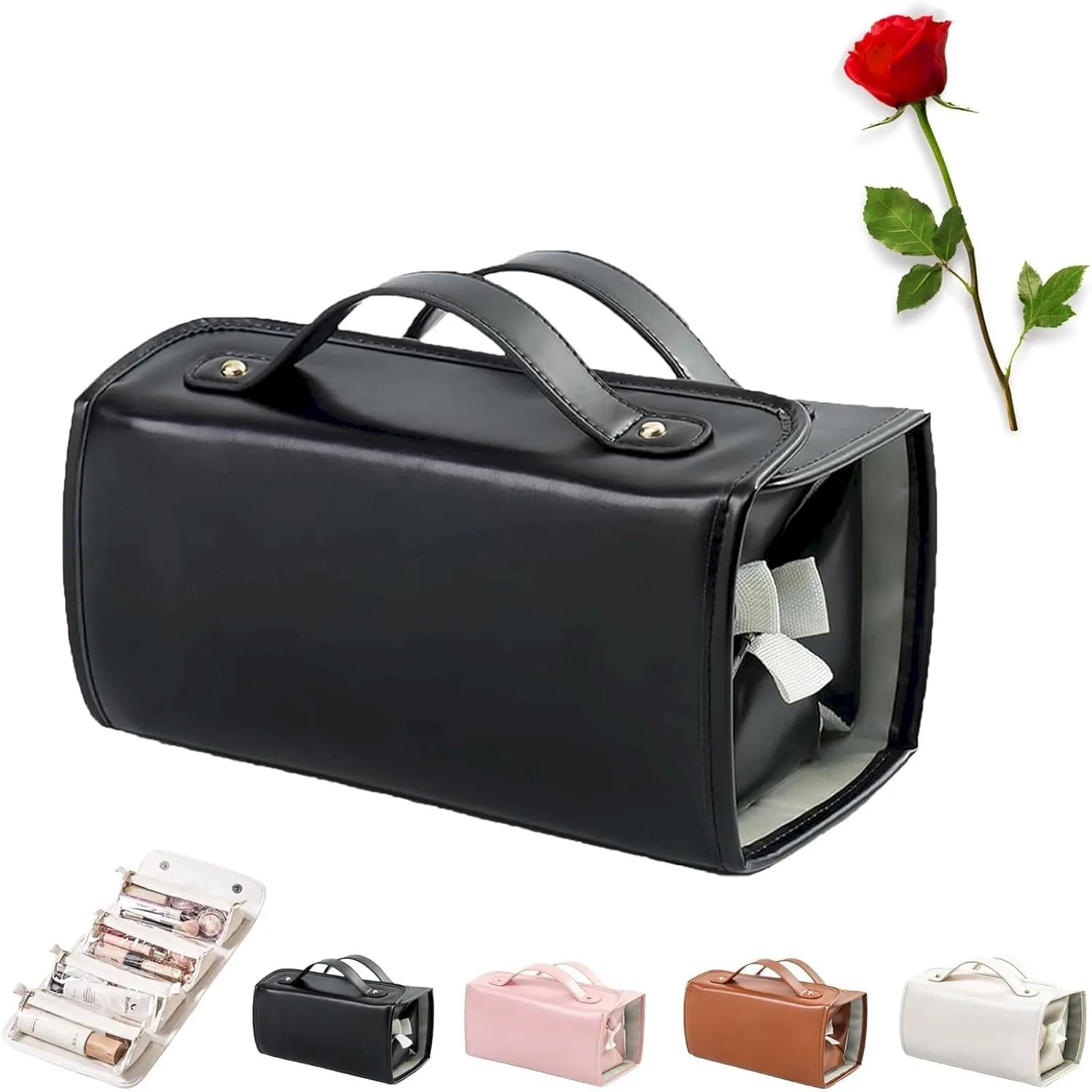 Leather Waterproof Cosmetic Bag Portable 4-in-1 Foldable Cosmetic Bag Large Capacity Travel Toiletry Bag Roll Up Toiletry Bag Independent Partition Removable