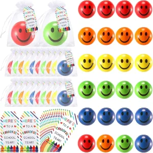 Lenwen 24 Set Welcome Back to School Stress Balls Toy Classroom Gifts for Students First Day of School Animal Plush Toys Bulk with wish card for Goodie Bag Fillers Party Favors(Smile Face)