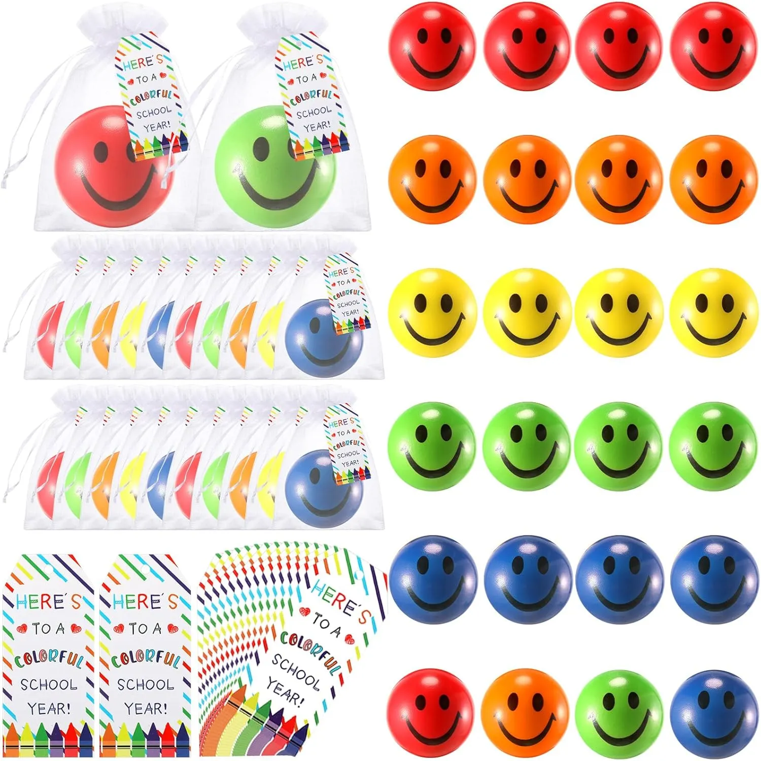 Lenwen 24 Set Welcome Back to School Stress Balls Toy Classroom Gifts for Students First Day of School Animal Plush Toys Bulk with wish card for Goodie Bag Fillers Party Favors(Smile Face)