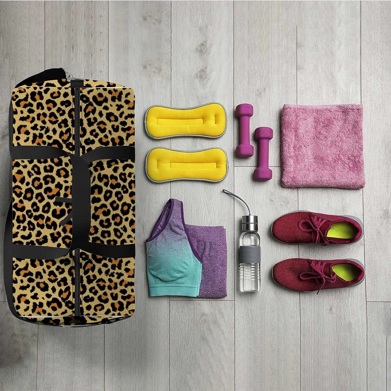 Leopard Sports Duffel Bag Travel Gym Tote Bags Lightweight Durable Shoulder Strap Waterproof Polyester Outside Mesh Pocket Overnight Trip Duffel Bag for Women Men
