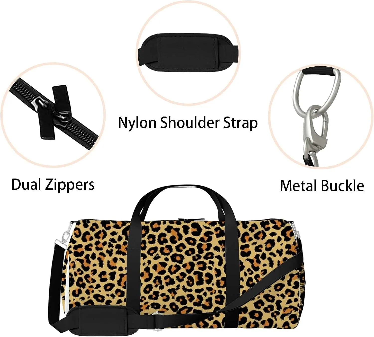 Leopard Sports Duffel Bag Travel Gym Tote Bags Lightweight Durable Shoulder Strap Waterproof Polyester Outside Mesh Pocket Overnight Trip Duffel Bag for Women Men