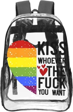 LGBT Pride Rainbow Gay heart kiss whoever the fuck you want 16 Inch Clear PVC Backpacks Transparent Backpack Multipurpose Double Shoulder Bag for Men Women Gifts