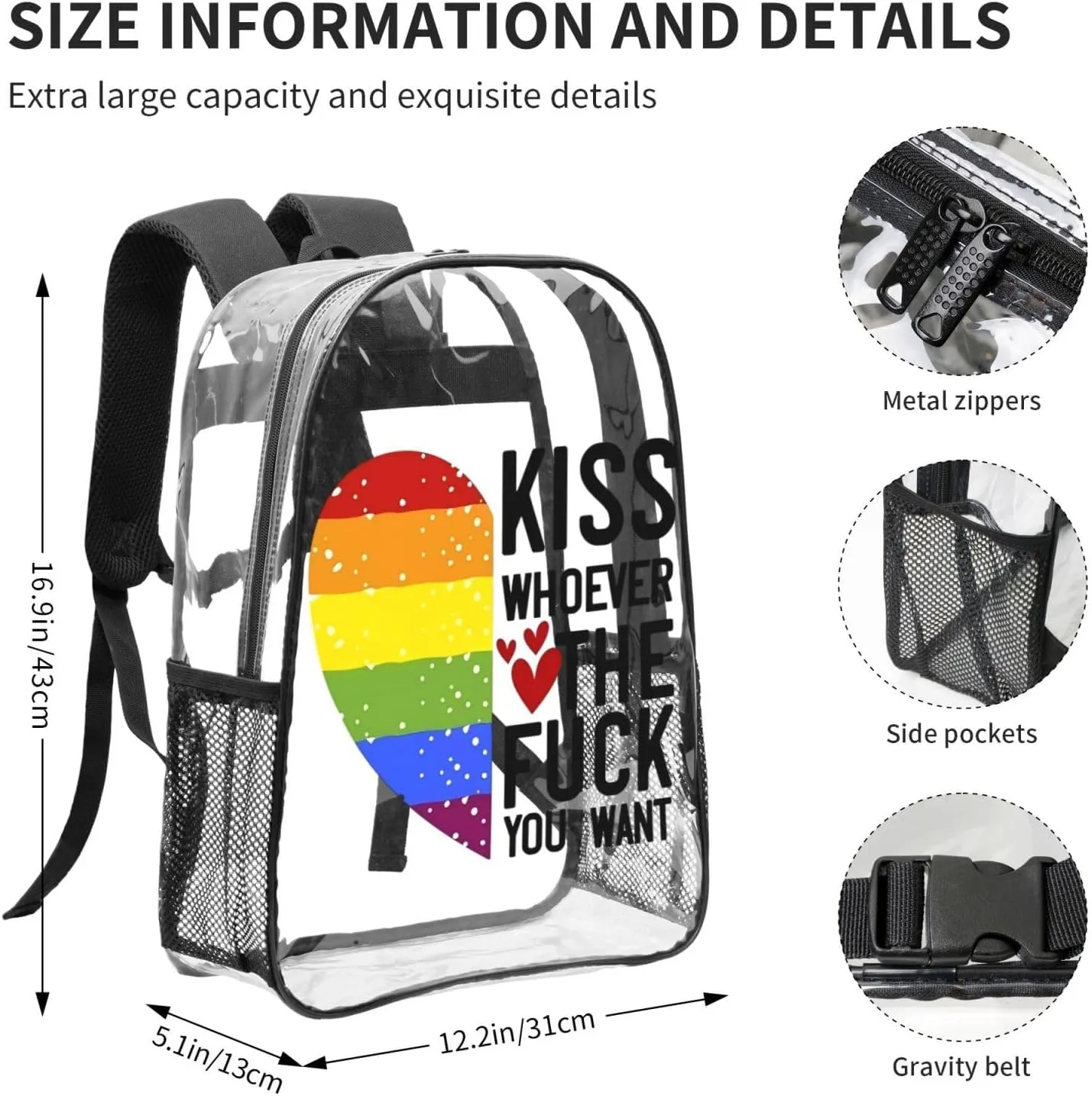 LGBT Pride Rainbow Gay heart kiss whoever the fuck you want 16 Inch Clear PVC Backpacks Transparent Backpack Multipurpose Double Shoulder Bag for Men Women Gifts