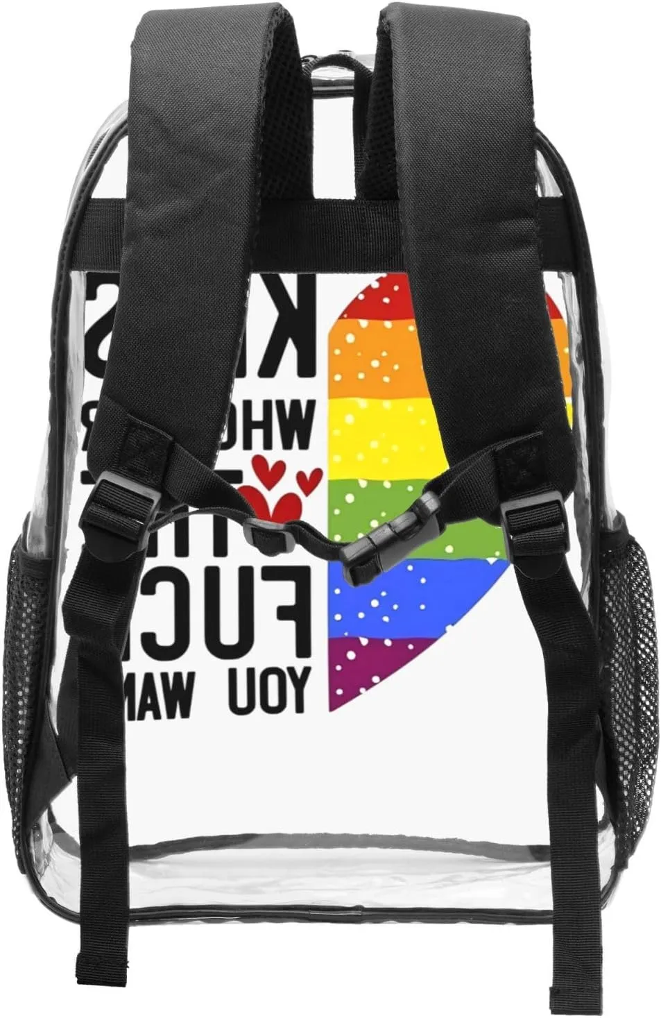 LGBT Pride Rainbow Gay heart kiss whoever the fuck you want 16 Inch Clear PVC Backpacks Transparent Backpack Multipurpose Double Shoulder Bag for Men Women Gifts