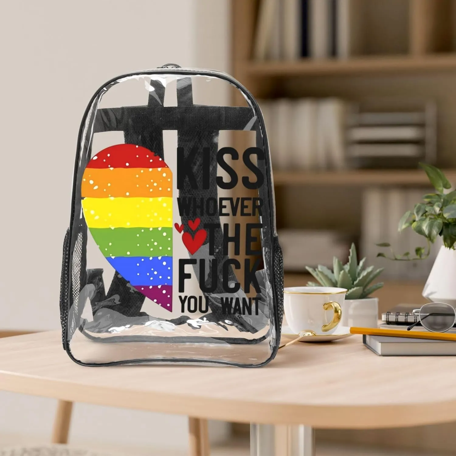 LGBT Pride Rainbow Gay heart kiss whoever the fuck you want 16 Inch Clear PVC Backpacks Transparent Backpack Multipurpose Double Shoulder Bag for Men Women Gifts