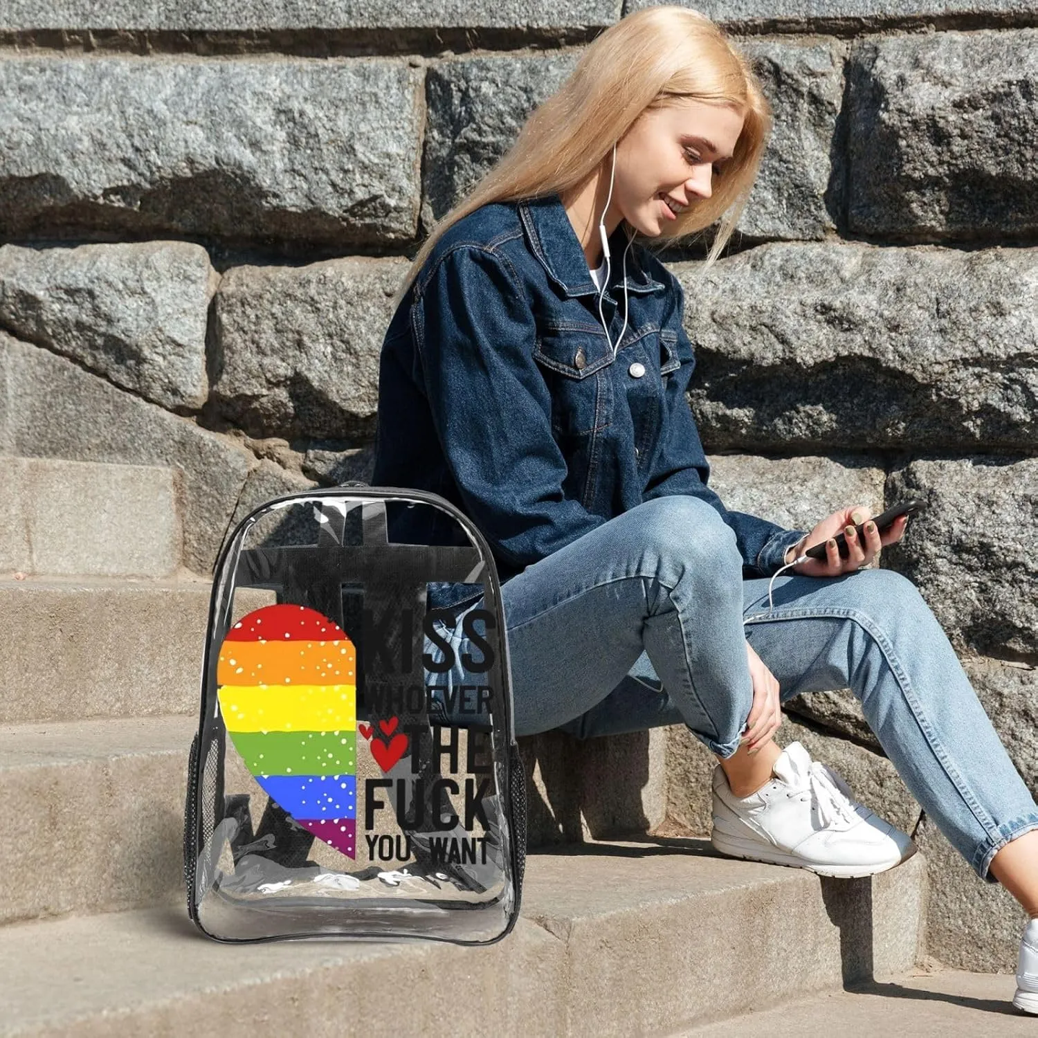 LGBT Pride Rainbow Gay heart kiss whoever the fuck you want 16 Inch Clear PVC Backpacks Transparent Backpack Multipurpose Double Shoulder Bag for Men Women Gifts