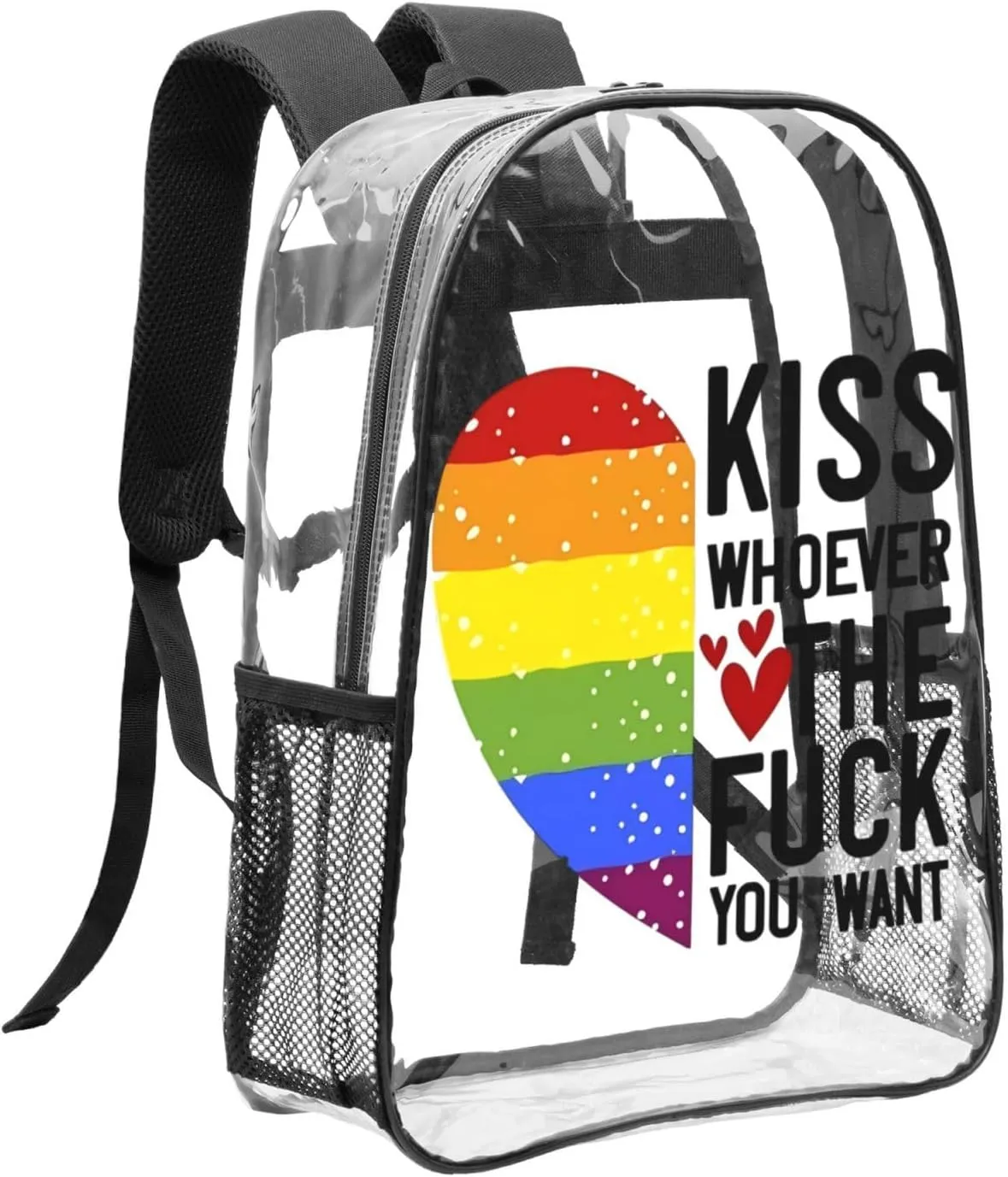 LGBT Pride Rainbow Gay heart kiss whoever the fuck you want 16 Inch Clear PVC Backpacks Transparent Backpack Multipurpose Double Shoulder Bag for Men Women Gifts