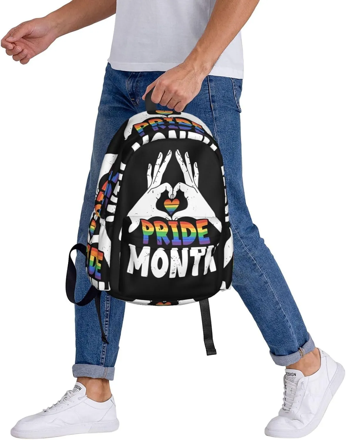 LGBT Rainbow Gay Pride Month Make A Heart Gesture 17 Inch Casual Backpack Laptop Backpacks Travel Back Pack Large Camping Rucksack Hiking Daypack Lightweight Double Shoulder Bag
