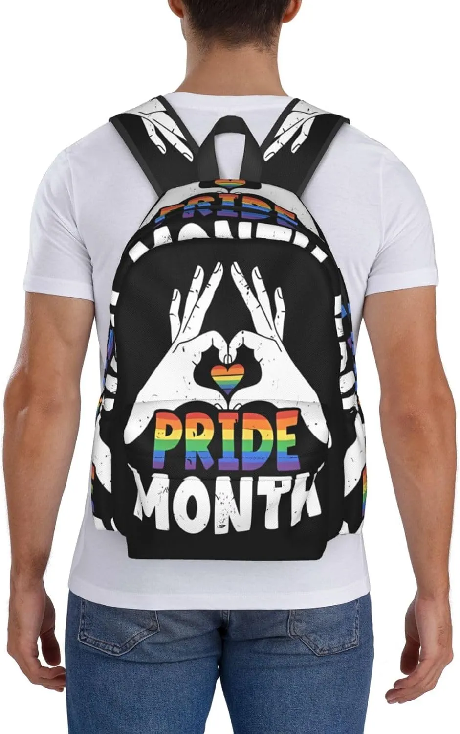 LGBT Rainbow Gay Pride Month Make A Heart Gesture 17 Inch Casual Backpack Laptop Backpacks Travel Back Pack Large Camping Rucksack Hiking Daypack Lightweight Double Shoulder Bag