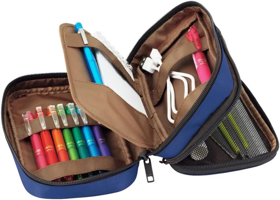 LIHIT LAB Large Capacity Double Zipper Pencil Case For School Office College, Big Capacity 6 Compartments Pencil Bag Holder Adults Teen Boys Girls, Travel Cosmetics Storage, Indigo (A7555-11)