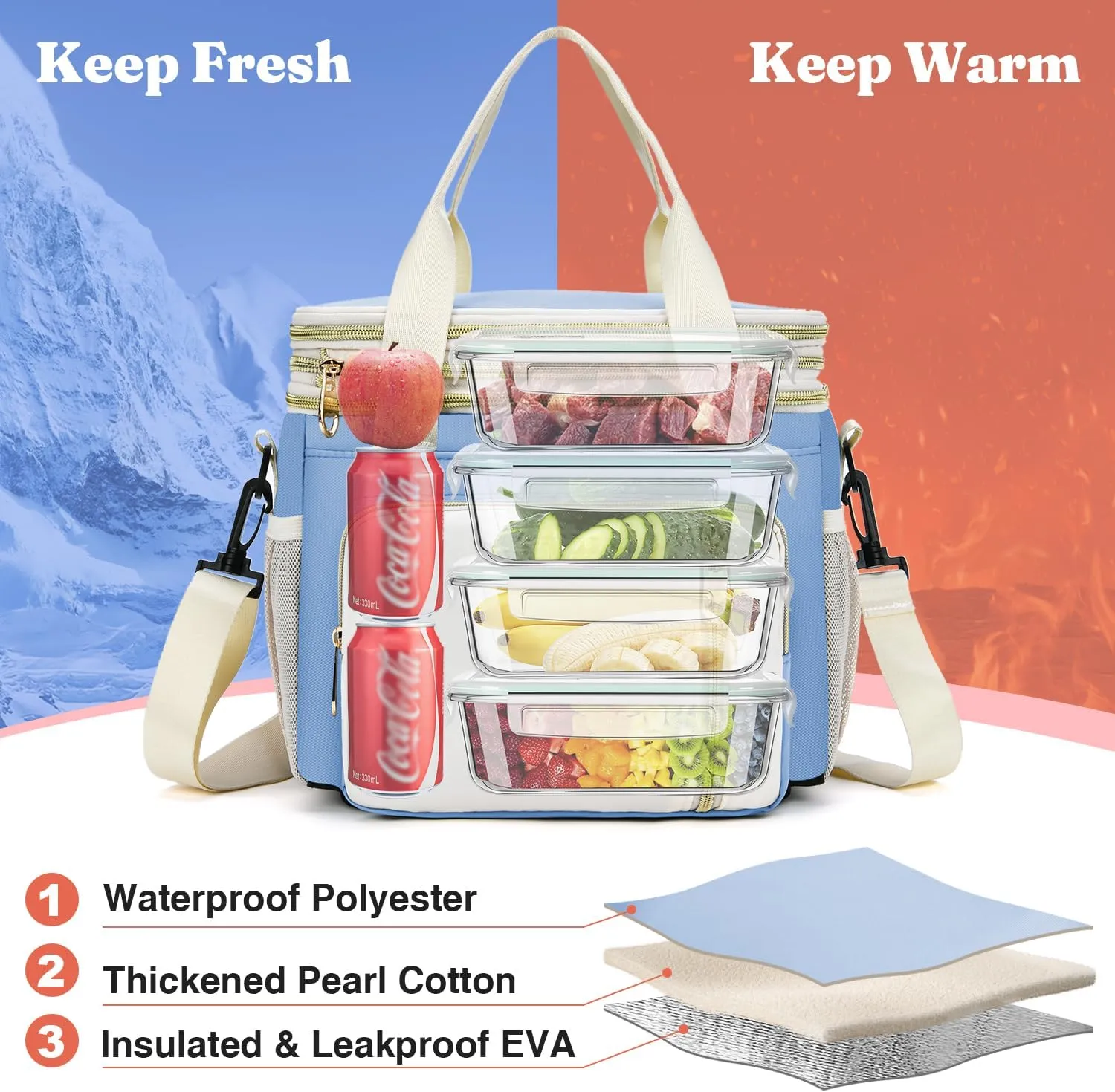 LOKASS Expandable Lunch Box for Women Men | Adult Lunchbag Cooler Tote Bag with Adjustable Shoulder Strap | Insulated Reusable Womens Lunch Bags for Work Camping Beach | 16L, Baby Blue