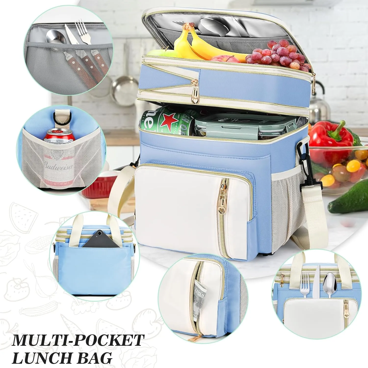 LOKASS Expandable Lunch Box for Women Men | Adult Lunchbag Cooler Tote Bag with Adjustable Shoulder Strap | Insulated Reusable Womens Lunch Bags for Work Camping Beach | 16L, Baby Blue