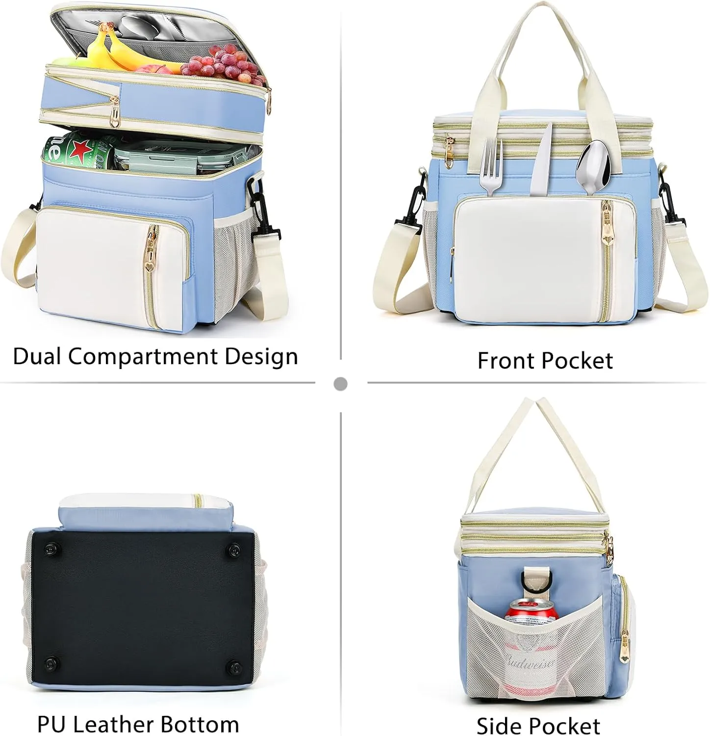 LOKASS Expandable Lunch Box for Women Men | Adult Lunchbag Cooler Tote Bag with Adjustable Shoulder Strap | Insulated Reusable Womens Lunch Bags for Work Camping Beach | 16L, Baby Blue