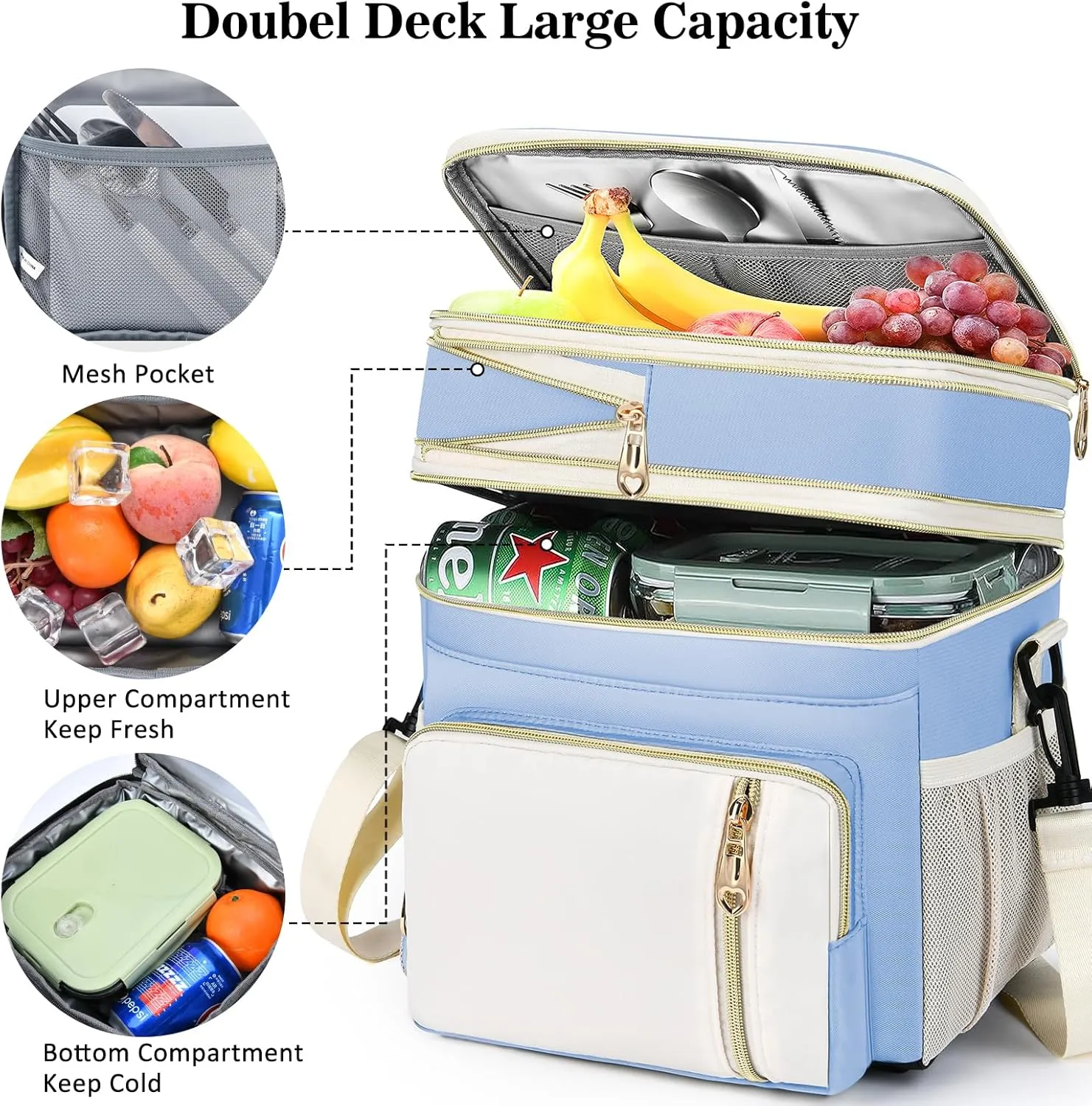 LOKASS Expandable Lunch Box for Women Men | Adult Lunchbag Cooler Tote Bag with Adjustable Shoulder Strap | Insulated Reusable Womens Lunch Bags for Work Camping Beach | 16L, Baby Blue