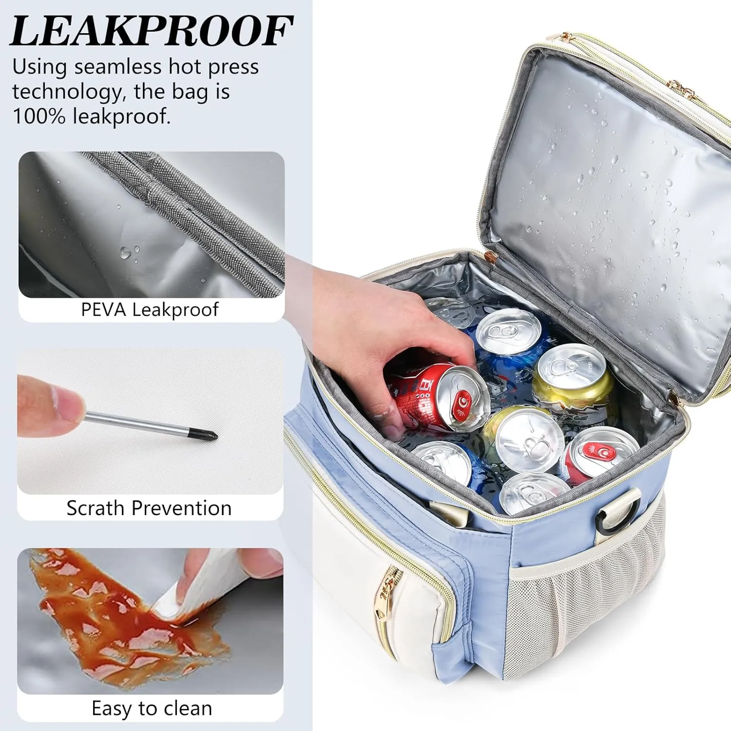 LOKASS Expandable Lunch Box for Women Men | Adult Lunchbag Cooler Tote Bag with Adjustable Shoulder Strap | Insulated Reusable Womens Lunch Bags for Work Camping Beach | 16L, Baby Blue