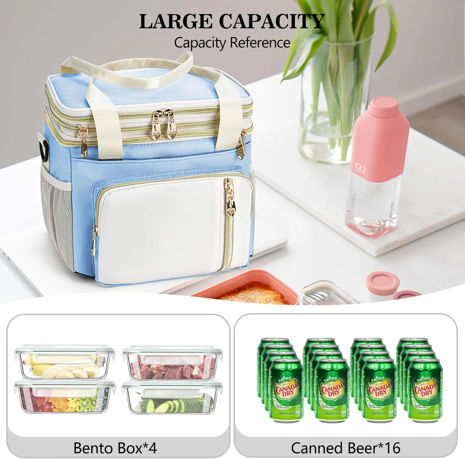 LOKASS Expandable Lunch Box for Women Men | Adult Lunchbag Cooler Tote Bag with Adjustable Shoulder Strap | Insulated Reusable Womens Lunch Bags for Work Camping Beach | 16L, Baby Blue