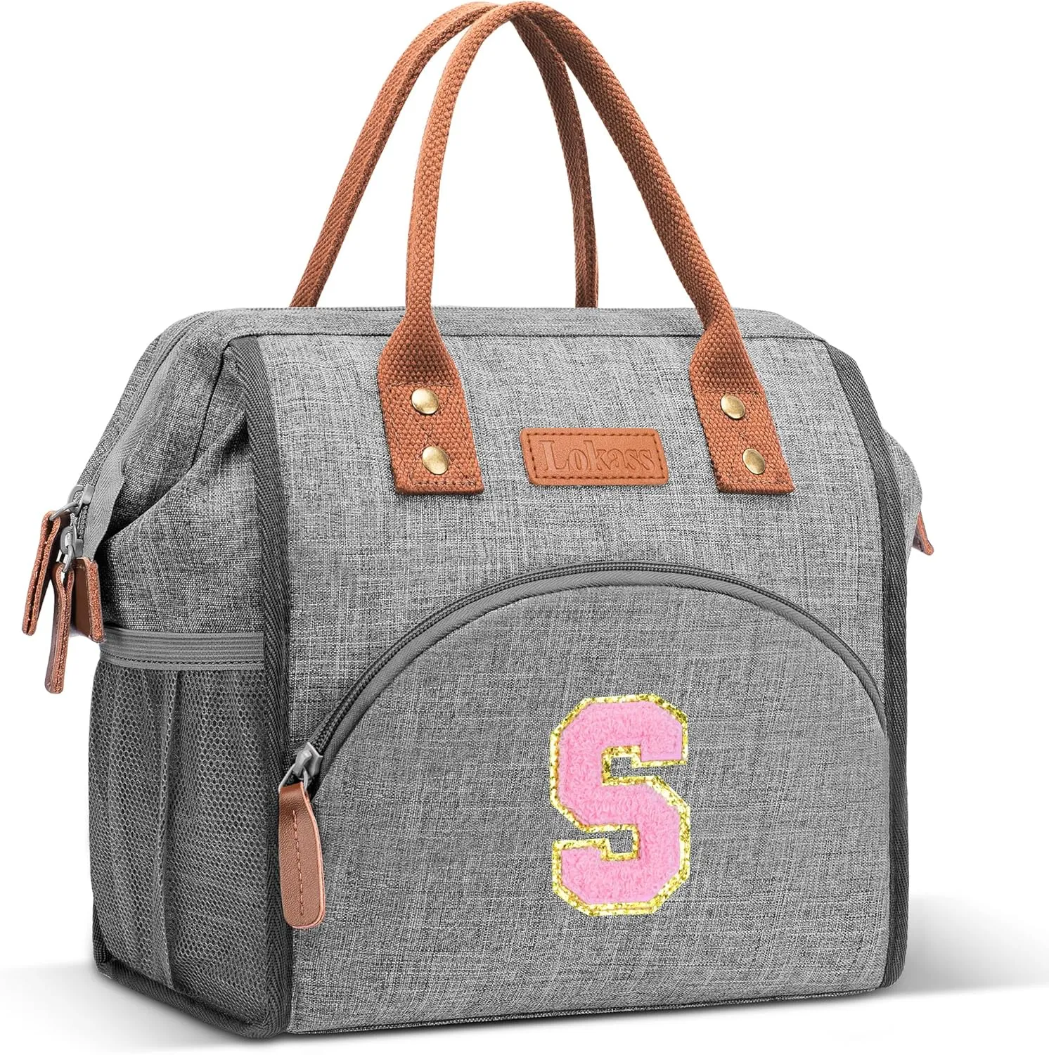 LOKASS Initial Lunch Box for Women – Wide-Open Leakproof Insulated Lunch Bag Women – Reusable Tote Cooler Bag for Office Beach Picnic, Personalized Mother's Day Gifts for Mom/Staff/Nurse (Pink S)