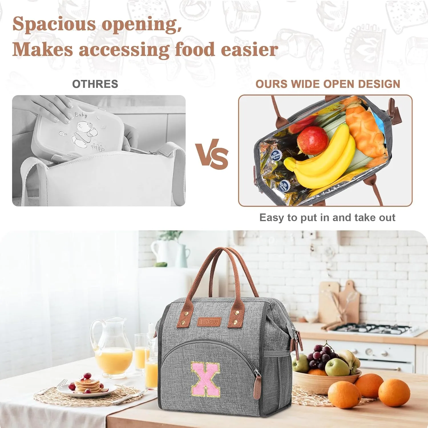 LOKASS Initial Lunch Box for Women – Wide-Open Leakproof Insulated Lunch Bag Women – Reusable Tote Cooler Bag for Office Beach Picnic, Personalized Mother's Day Gifts for Mom/Staff/Nurse (Pink S)