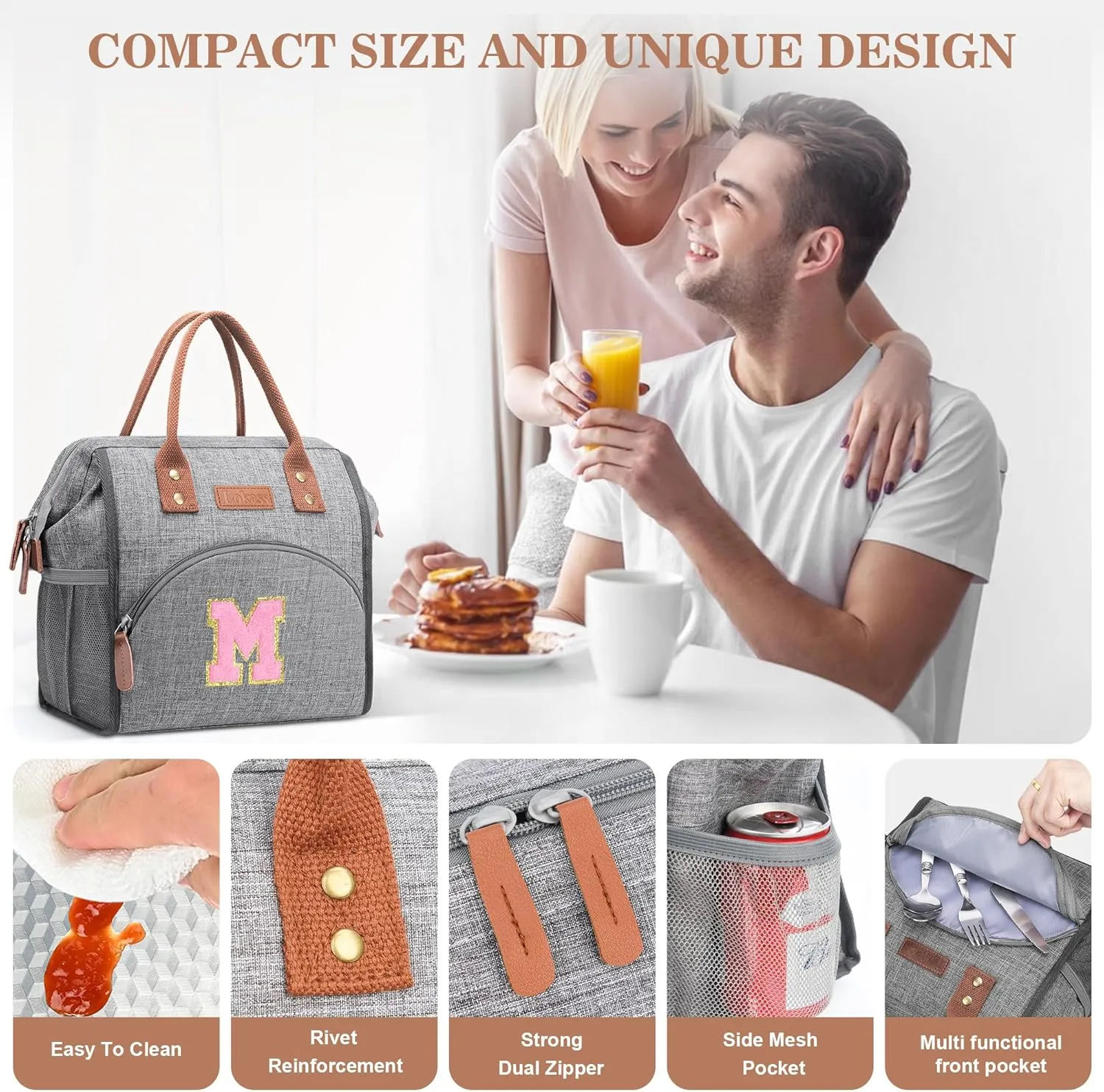 LOKASS Initial Lunch Box for Women – Wide-Open Leakproof Insulated Lunch Bag Women – Reusable Tote Cooler Bag for Office Beach Picnic, Personalized Mother's Day Gifts for Mom/Staff/Nurse (Pink S)