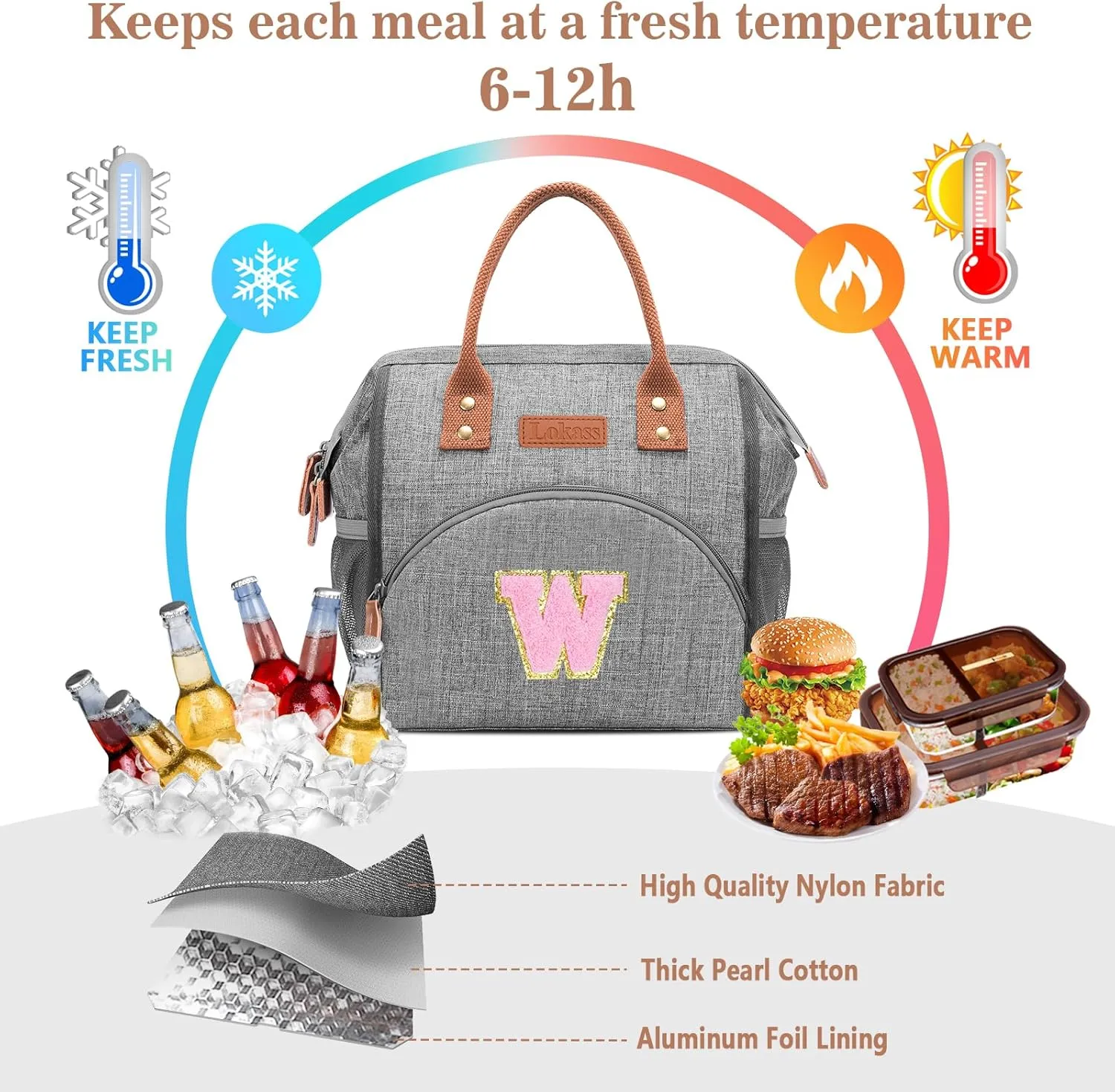 LOKASS Initial Lunch Box for Women – Wide-Open Leakproof Insulated Lunch Bag Women – Reusable Tote Cooler Bag for Office Beach Picnic, Personalized Mother's Day Gifts for Mom/Staff/Nurse (Pink S)