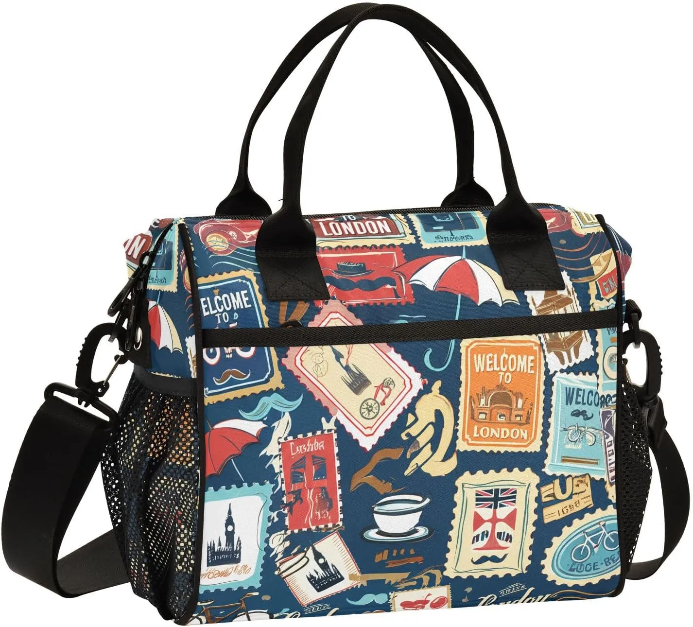 London Travel Stamp Darkblue Insulated Lunch Bag Reusable Lunch Box for Men Women Leakproof Cooler Tote Bag with Adjustable Shoulder Strap Zipper Cooler for Work Picnic Office Camping Travel