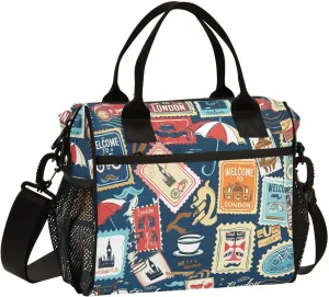 London Travel Stamp Darkblue Insulated Lunch Bag Reusable Lunch Box for Men Women Leakproof Cooler Tote Bag with Adjustable Shoulder Strap Zipper Cooler for Work Picnic Office Camping Travel