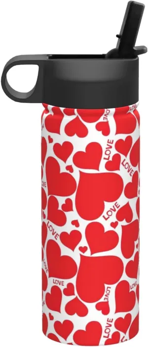 Love Heart Print Flask Stainless Steel Water Bottle with Straw 18OZ FOR Outdoor Gym Commute