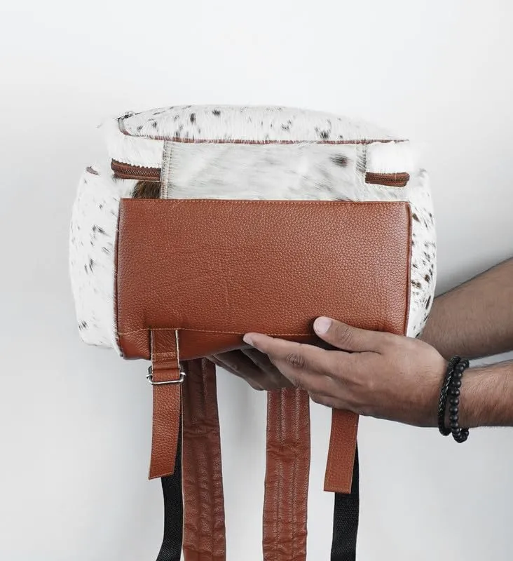 LP-FACON Western White & Brown Cowhide Leather Backpack - Everyday Travel Backpack - Genuine Leather Cow Print Diaper Bag