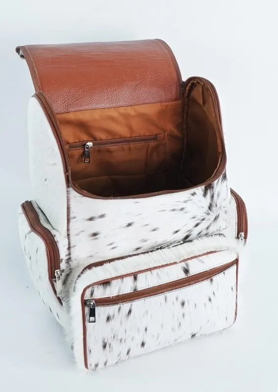 LP-FACON Western White & Brown Cowhide Leather Backpack - Everyday Travel Backpack - Genuine Leather Cow Print Diaper Bag