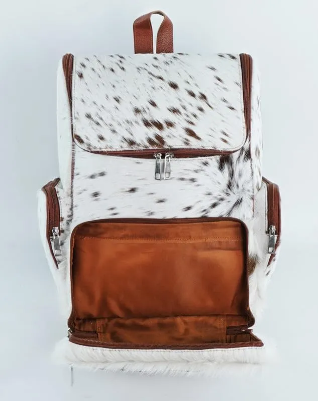 LP-FACON Western White & Brown Cowhide Leather Backpack - Everyday Travel Backpack - Genuine Leather Cow Print Diaper Bag