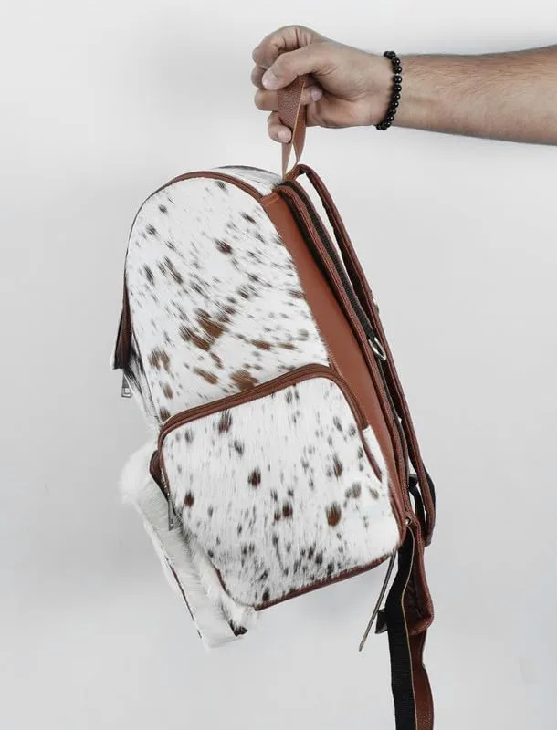 LP-FACON Western White & Brown Cowhide Leather Backpack - Everyday Travel Backpack - Genuine Leather Cow Print Diaper Bag