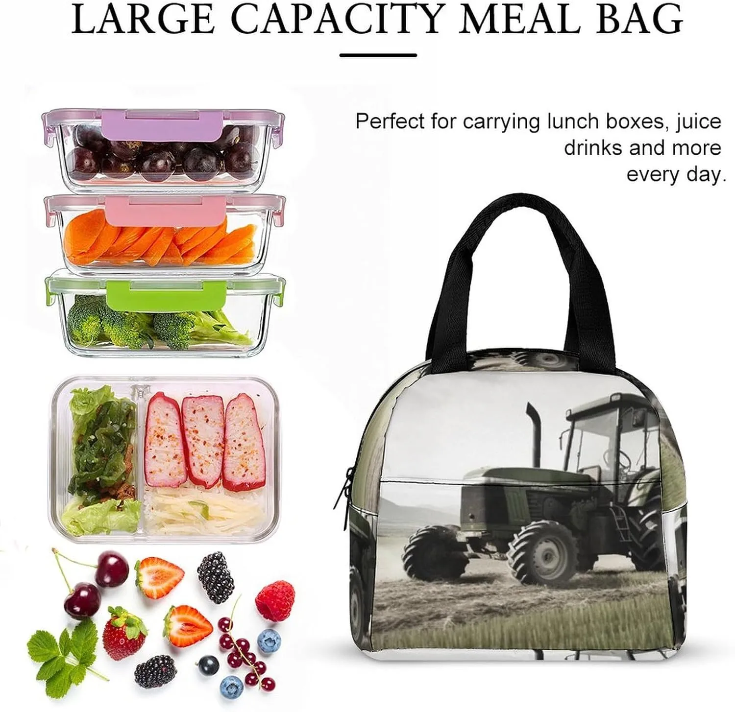Lunch Bag for Women Men Lunch Box Reusable Tractor Agriculture Tranquil Lunch Tote Bag Leakproof Lunch Cooler Bag for Work