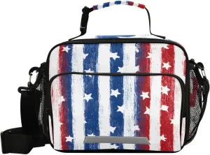Lunch Bag for Women Men Stripes Stars Patriot Pattern Reusable Tote Bag Cooler Bag Insulated Lunch Box with Adjustable Shoulder Strap Portable Handbag