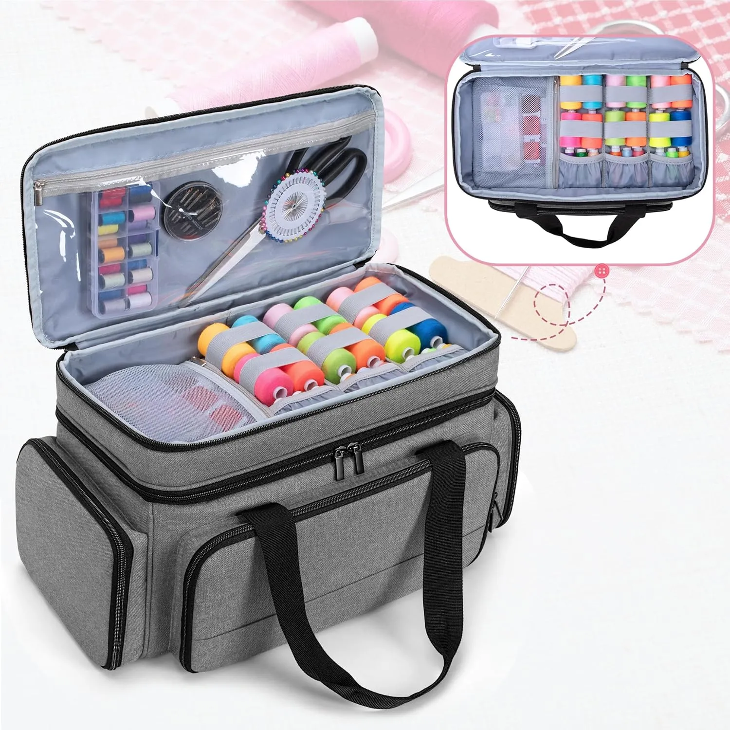LUXJA Large 2 Layers Sewing Organizer Bag with 5 Detachable Dividers, Sewing Storage Bag for Sewing Supplies (Bag Only), Gray