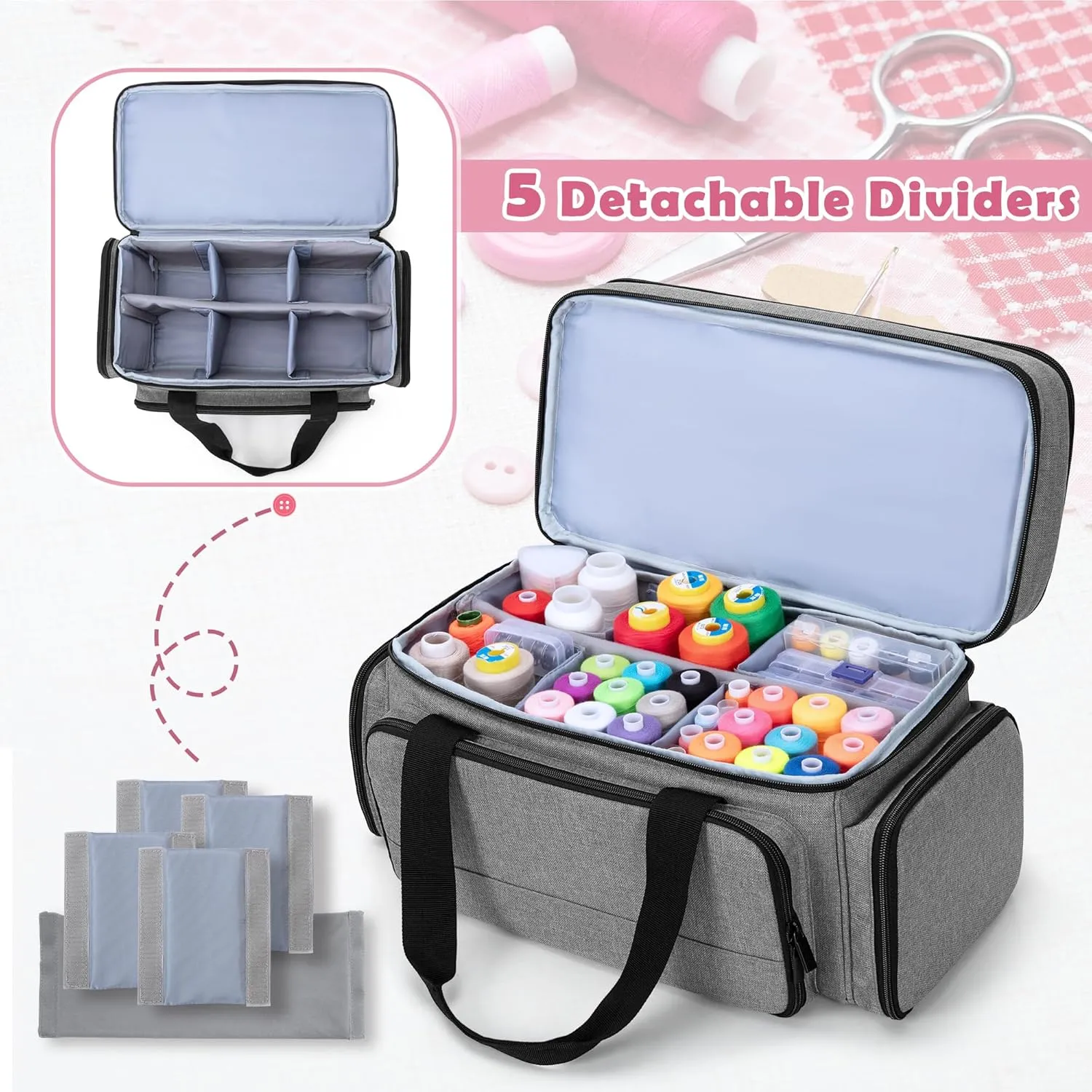LUXJA Large 2 Layers Sewing Organizer Bag with 5 Detachable Dividers, Sewing Storage Bag for Sewing Supplies (Bag Only), Gray