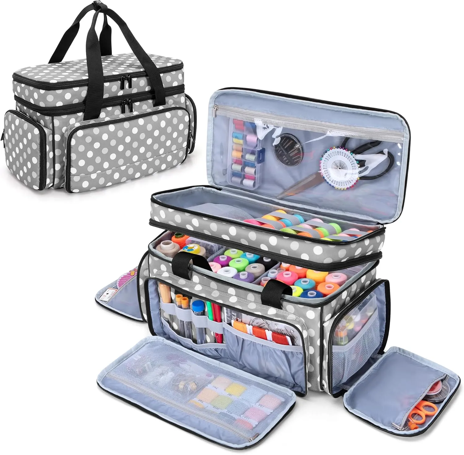 LUXJA Large 2 Layers Sewing Organizer Bag with 5 Detachable Dividers, Sewing Storage Bag for Sewing Supplies, Polka Dots