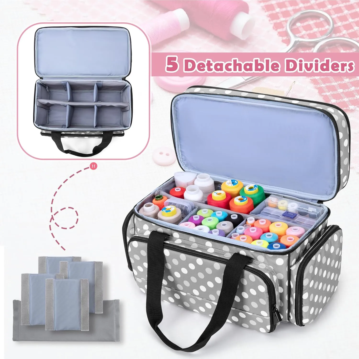 LUXJA Large 2 Layers Sewing Organizer Bag with 5 Detachable Dividers, Sewing Storage Bag for Sewing Supplies, Polka Dots