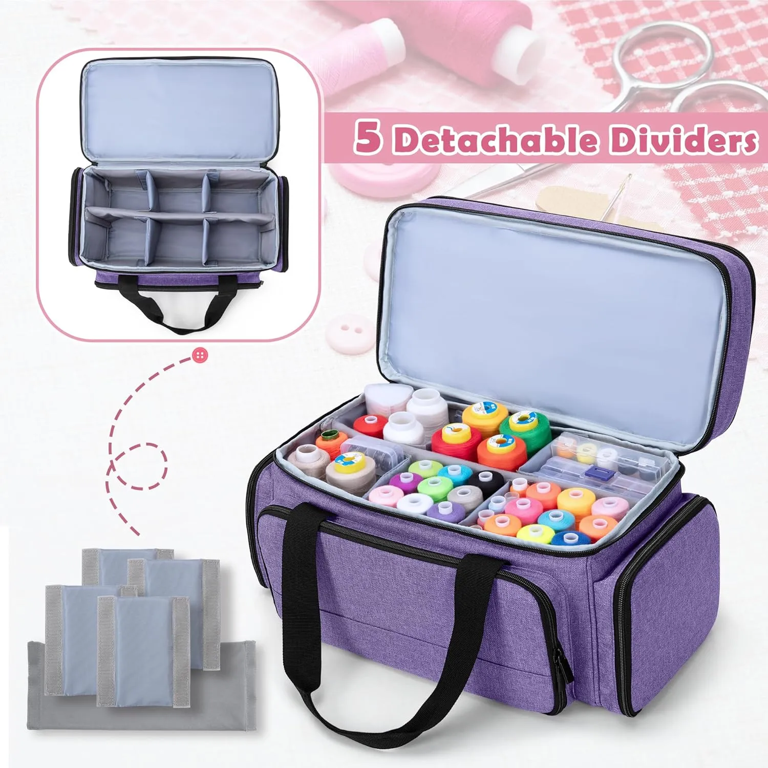 LUXJA Large 2 Layers Sewing Organizer Bag with 5 Detachable Dividers, Sewing Storage Bag for Sewing Supplies, Purple