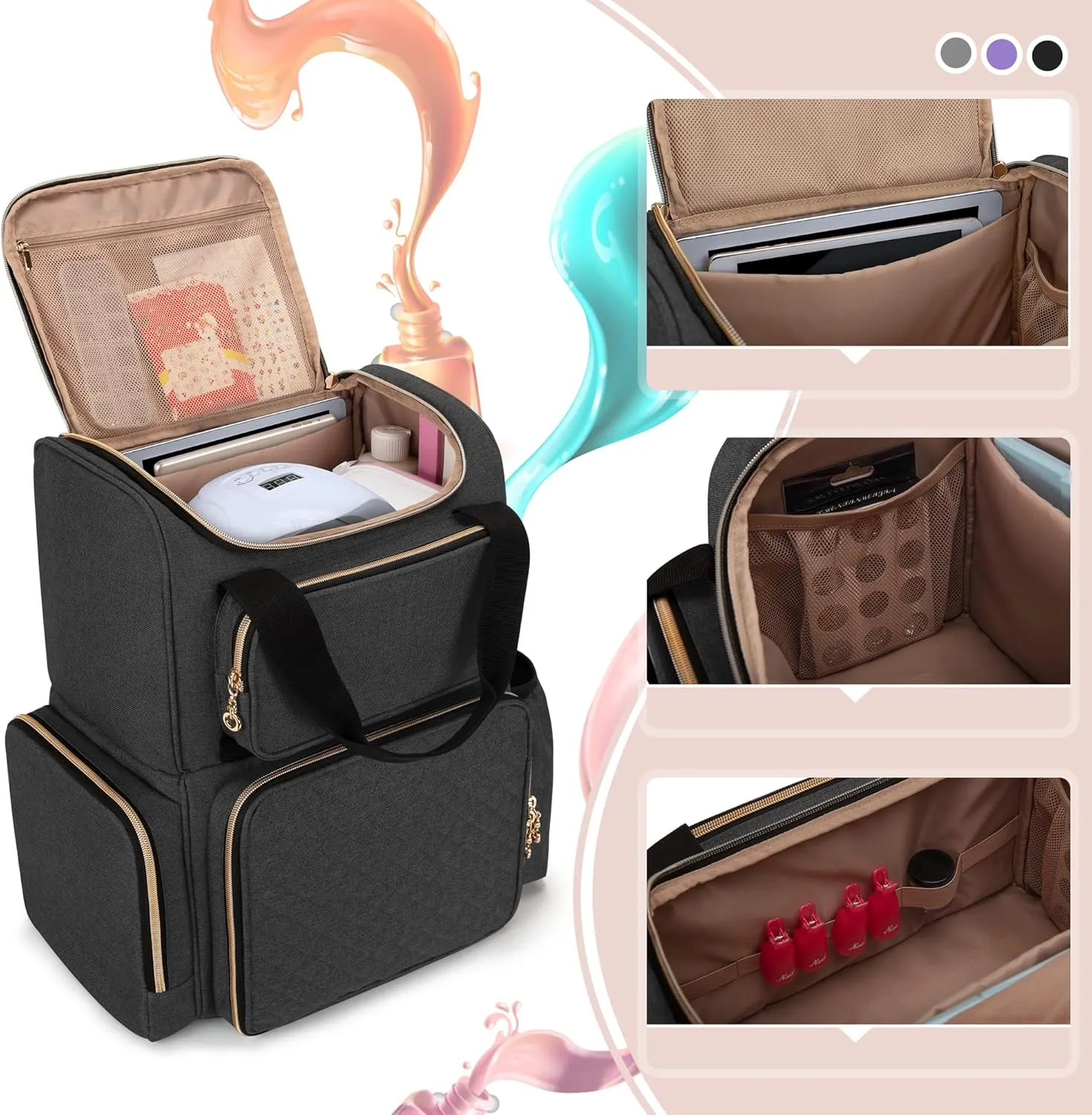 LUXJA Nail Polish Organizer (Backpack Version) Holds 70 Bottles and a Nail Lamp, Travel Nail Bag with 2 Removable Cases and Tools Storage Pockets (Patent Pending), Black