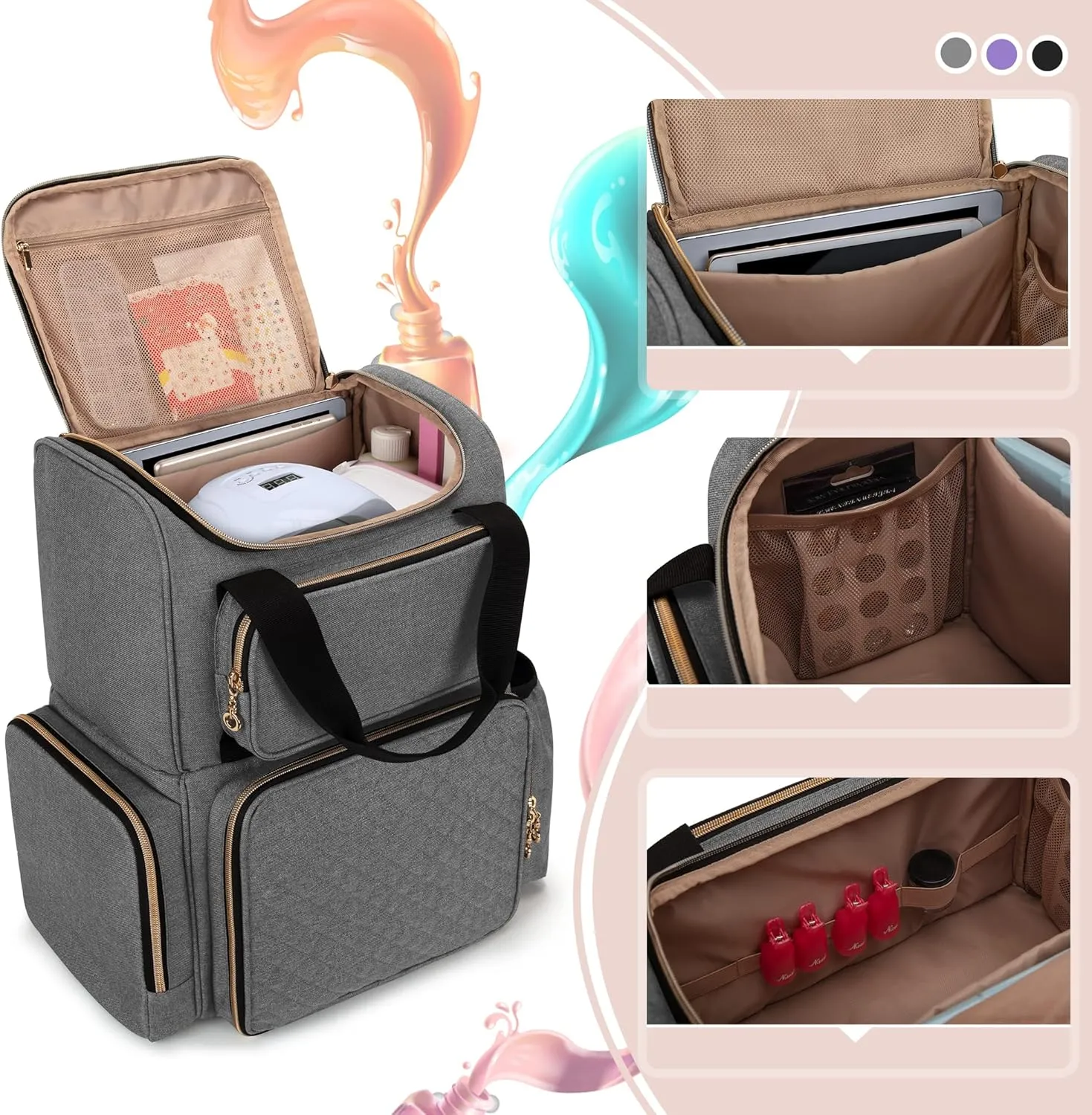 LUXJA Nail Polish Organizer (Backpack Version) Holds 70 Bottles and a Nail Lamp, Travel Nail Polish Bag with 2 Removable Cases and Tools Storage Pockets (Patent Pending), Gray