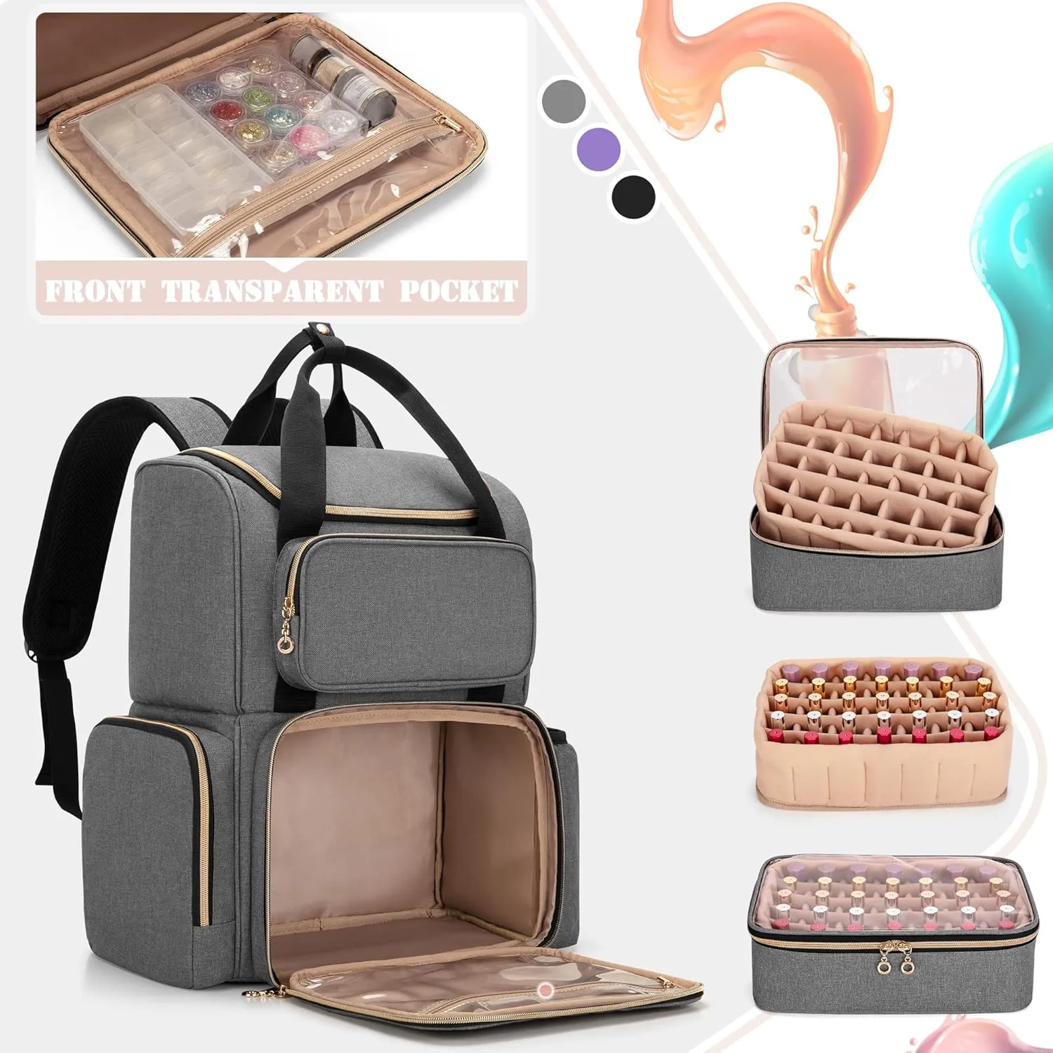 LUXJA Nail Polish Organizer (Backpack Version) Holds 70 Bottles and a Nail Lamp, Travel Nail Polish Bag with 2 Removable Cases and Tools Storage Pockets (Patent Pending), Gray