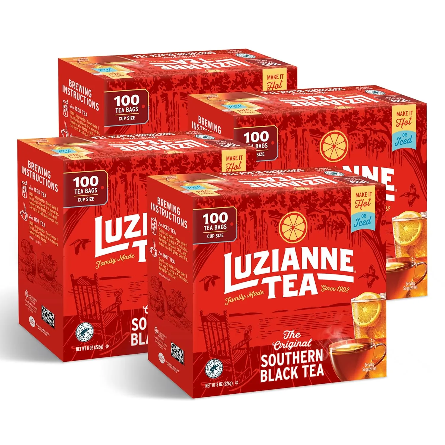 Luzianne Unsweetened Iced Tea Bags, Family Size, 100ct Box (Pack of 4)