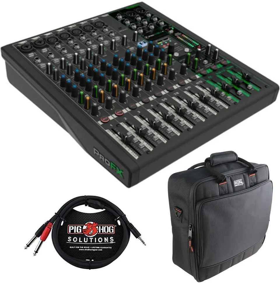 Mackie ProFX12v3  12-Channel Analog Mixer with Built-In FX, USB Recording, and Bluetooth Bundle with G-MIXERBAG-1515 Padded Nylon Mixer/Equipment Bag and Stereo Breakout Cable 10'