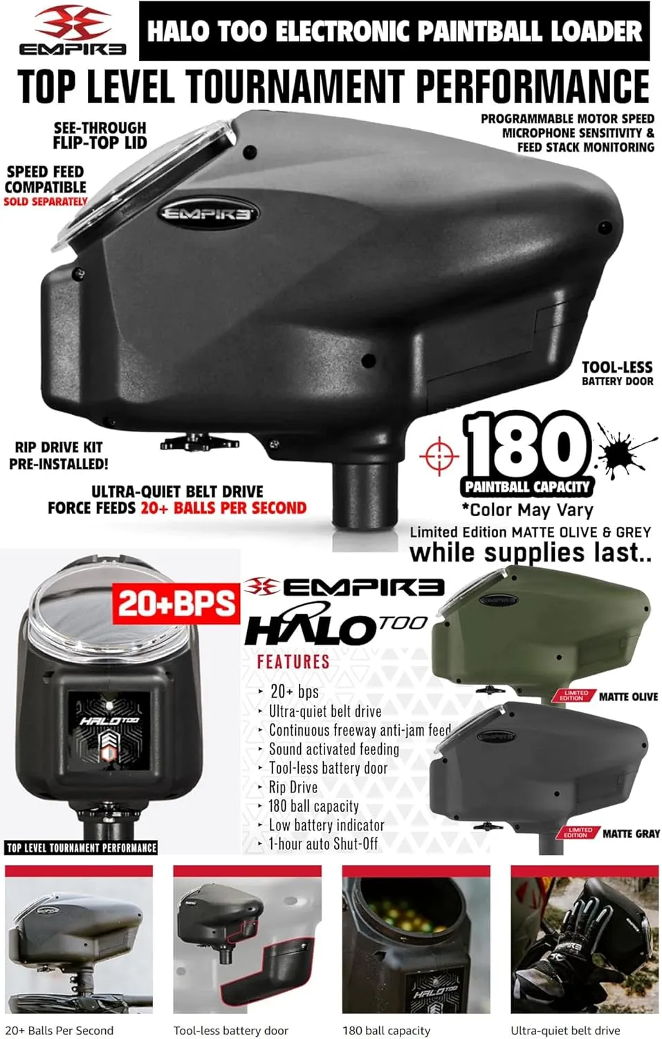 Maddog Empire Mini GS Full Auto Paintball Gun Marker w/HPA Tank, Empire Halo Too Loader, Thermal Anti-Fog Paintball Mask Goggle, Neck Protector, 4 3 Harness & (4) Pods Starter Package