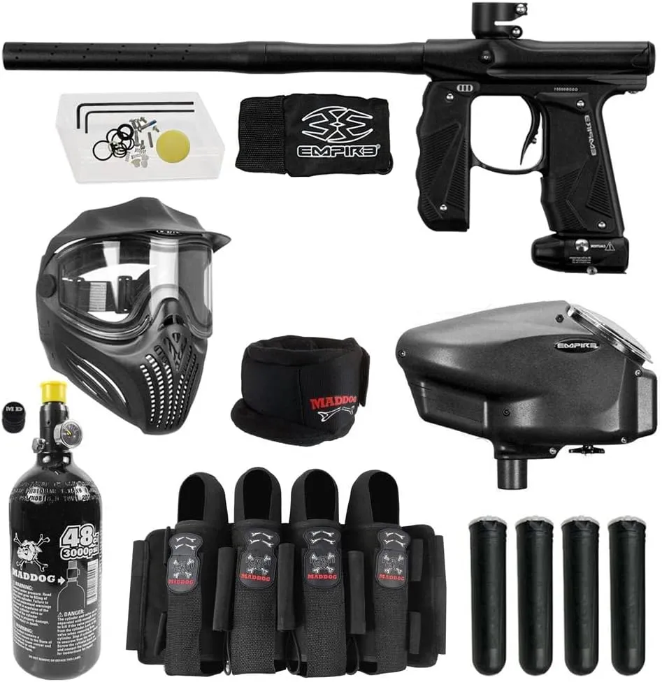 Maddog Empire Mini GS Full Auto Paintball Gun Marker w/HPA Tank, Empire Halo Too Loader, Thermal Anti-Fog Paintball Mask Goggle, Neck Protector, 4 3 Harness & (4) Pods Starter Package