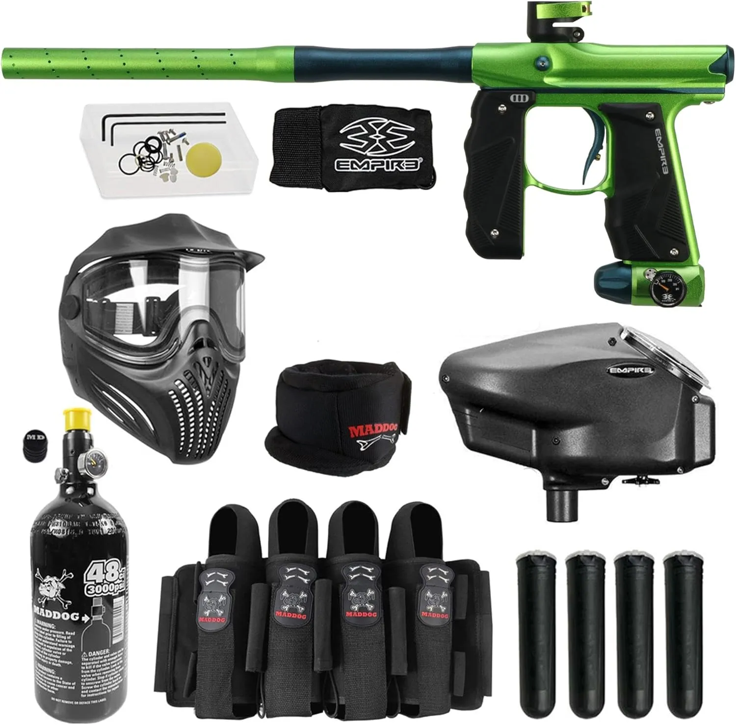 Maddog Empire Mini GS Full Auto Paintball Gun Marker w/HPA Tank, Empire Halo Too Loader, Thermal Anti-Fog Paintball Mask Goggle, Neck Protector, 4 3 Harness & (4) Pods Starter Package