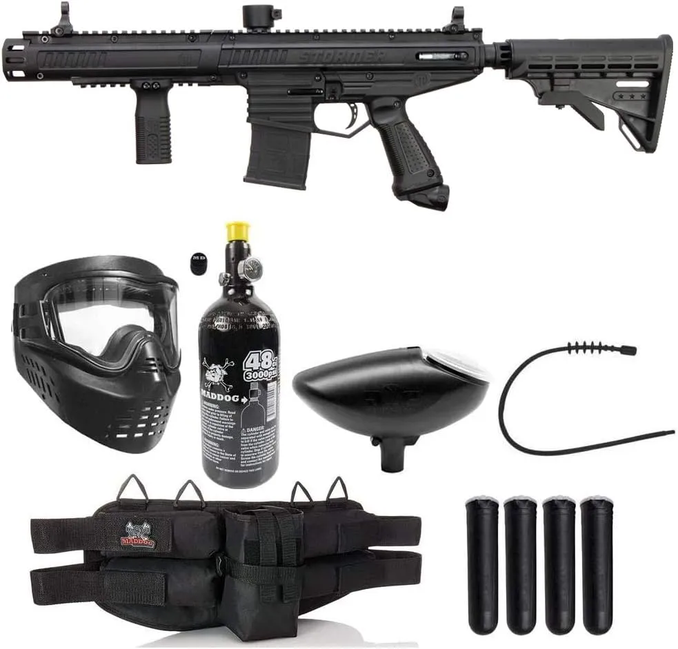 Maddog Tippmann Stormer Elite Dual Fed Silver HPA Paintball Gun Marker Starter Package - Black