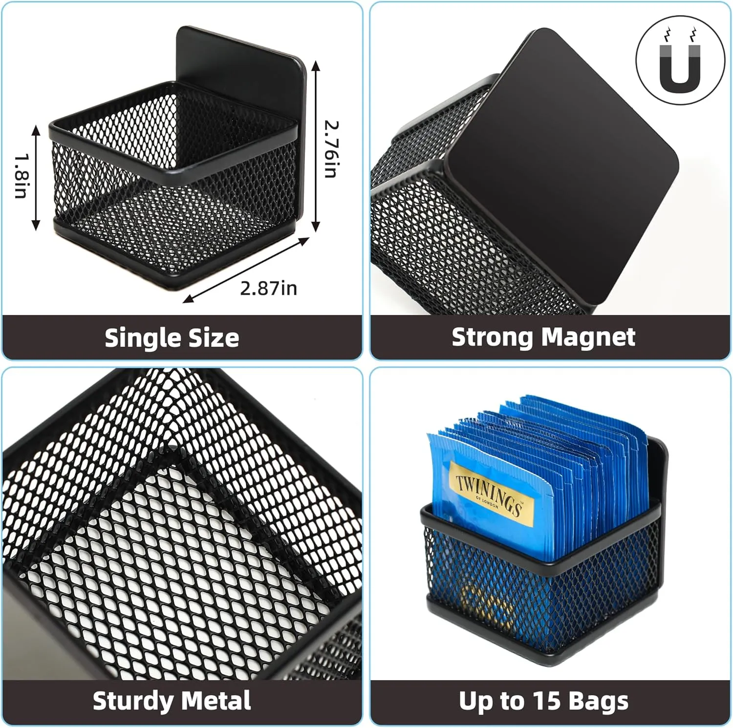 Magnetic Tea Bag Organizer, 6-Piece Metal Tea Organizers and Storage for Refrigerator, Counter or Kitchen Shelf, Idea Tea Gift for Tea Lovers, small, black, DB-1205