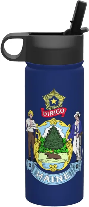 Maine State Flag Print Flask Stainless Steel Water Bottle with Straw 18OZ FOR Outdoor Gym Commute