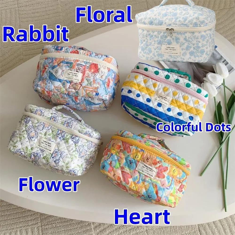 Makeup Bag Travel Essentials Quilted Cosmetic Toiletry Pouch Organizer Insert for Women Dorm Room Essential Gift Large Capacity Opening Lightweight Cute Aesthetic Portable 2PCS (Floral)